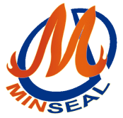 Logo featuring a large orange letter "M" with the word "MINSEAL" in orange letters below, encircled by a blue partial ring.