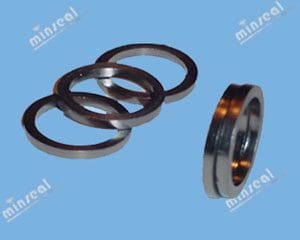 Four metallic rings arranged on a blue surface, with one standing upright beside them. The "minseal" logo is visible in the background.