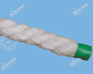 Close-up of a white braided rope with a green cap on one end, against a blue background with "minseal" logos.