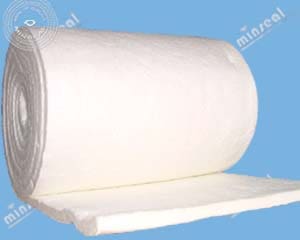 A large roll of white insulating material is partially unrolled, set against a blue background.