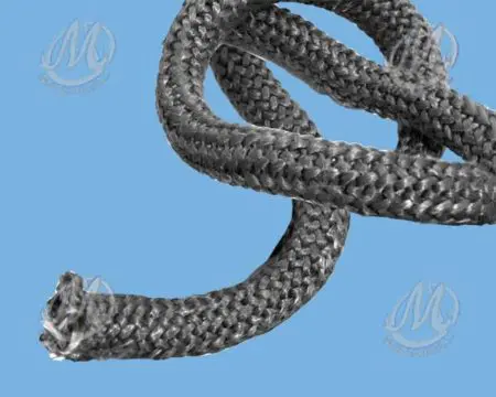A coiled silver metallic braided hose on a blue background.