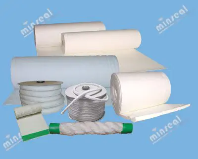 Various rolls of white fibrous materials, cords, and sheets displayed against a blue background with "minseal" watermark.