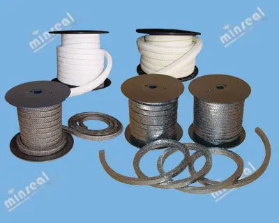 Various spools of braided and plain sealing tape and rope against a blue background, with the brand name "minseal" repeated in the image.
