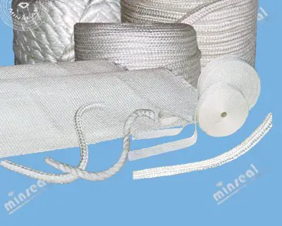 Various types of white ropes, cords, and woven bands are displayed on a blue background.