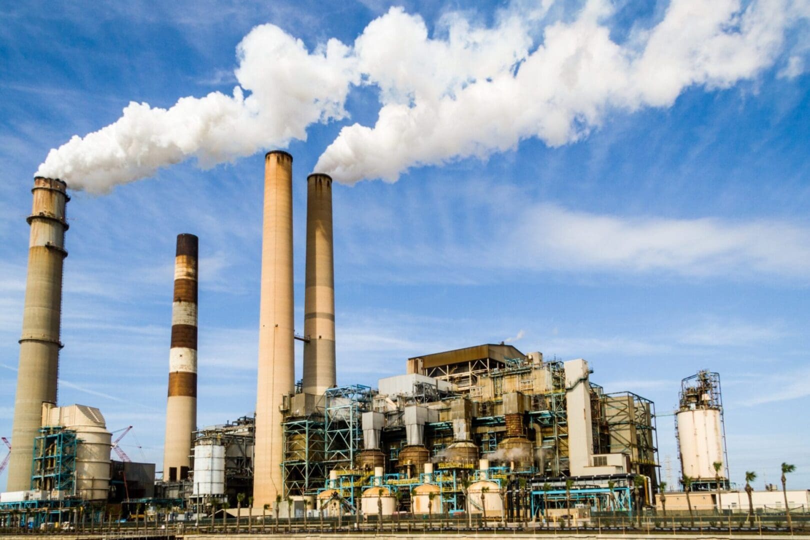 A large industrial facility with several tall smokestacks emitting white smoke against a blue sky.