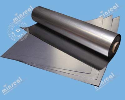 Graphite-Foil-Plain-Homo Metallic sheet roll on blue background.