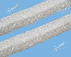 Ceramic Fiber Square Braided Rope White braided rope against blue background.