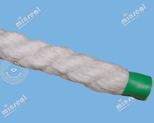 Ceramic Fiber Twisted Rope White braided rope with green end cap.
