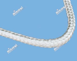 3350-FiberglassRound White braided rope on a blue background.
